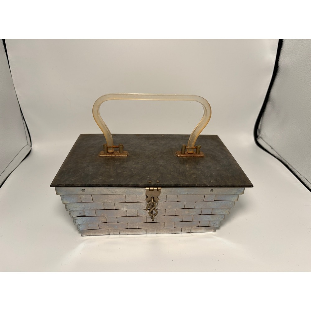 Vintage Woven Metal Box Clutch with Lucite Handle | 1950s Evening Bag